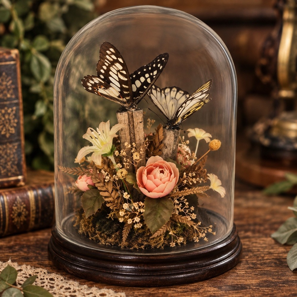 Vintage Butterfly Specimen Display Glass Cloche Dome Curiosity Cabinet Decor
